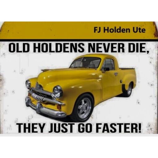 FJ Holden Ute Yellow Embossed Tin Sign